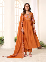 Thumbnail for Lorenvalley Fashion Rust Viscose Roman Silk Multi Embroidery Thread With Hand Work Anarkali Kurti Pant Dupatta - Distacart