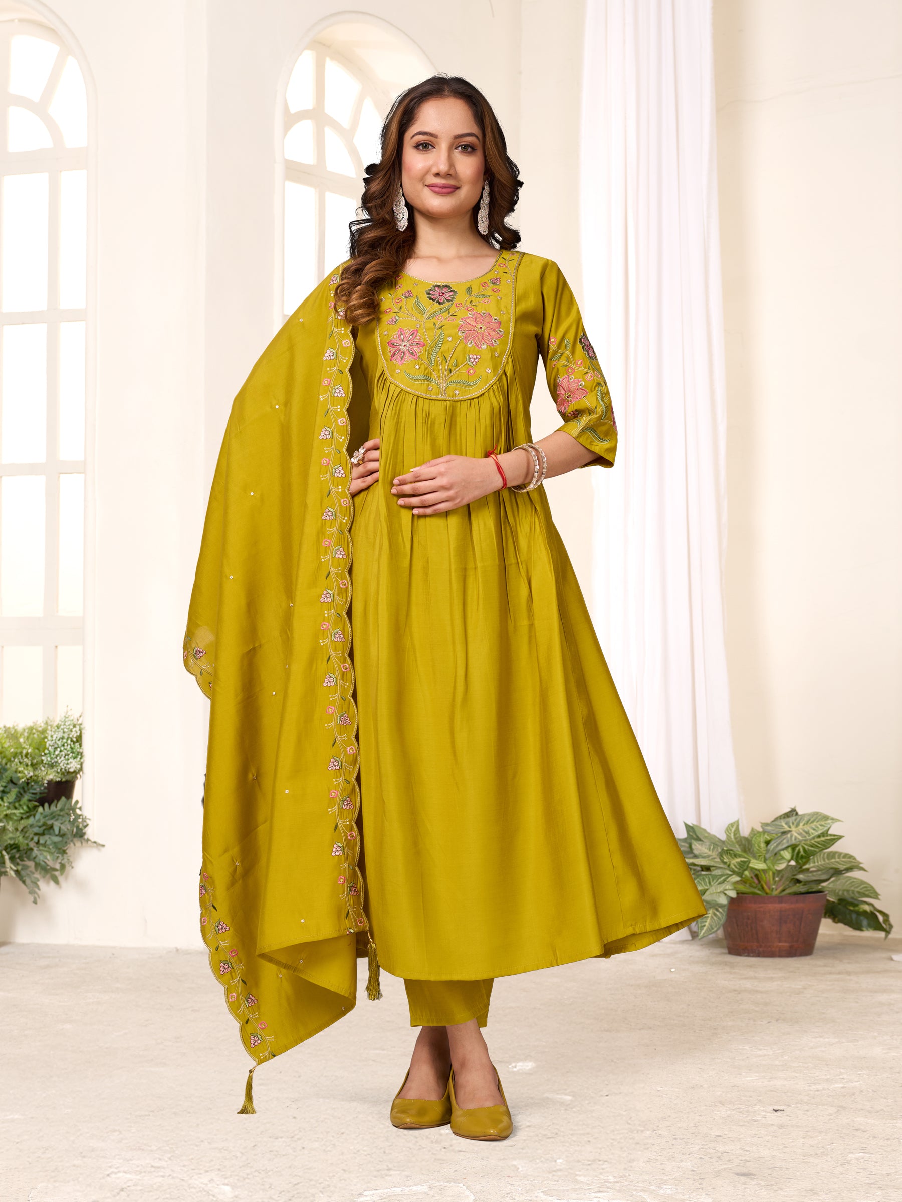 Lorenvalley Fashion Yellow Viscose Roman Silk Multi Embroidery Thread With Hand Work Anarkali Kurti Pant Dupatta - Distacart
