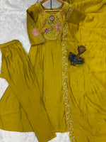 Thumbnail for Lorenvalley Fashion Yellow Viscose Roman Silk Multi Embroidery Thread With Hand Work Anarkali Kurti Pant Dupatta - Distacart