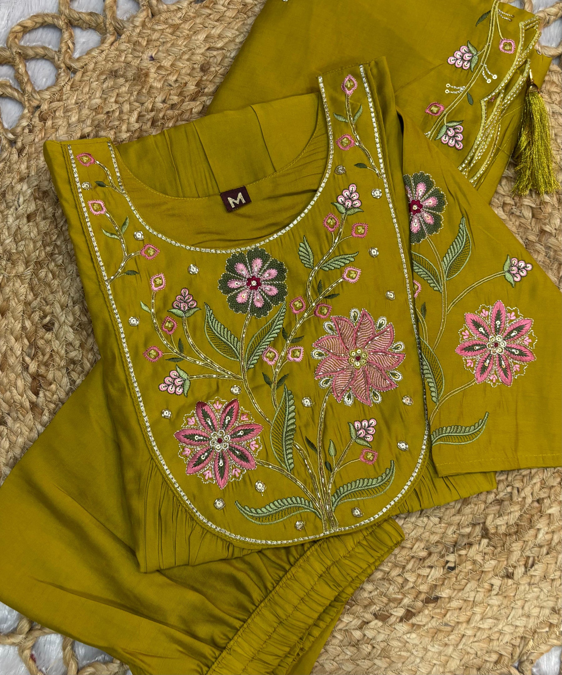 Lorenvalley Fashion Yellow Viscose Roman Silk Multi Embroidery Thread With Hand Work Anarkali Kurti Pant Dupatta - Distacart