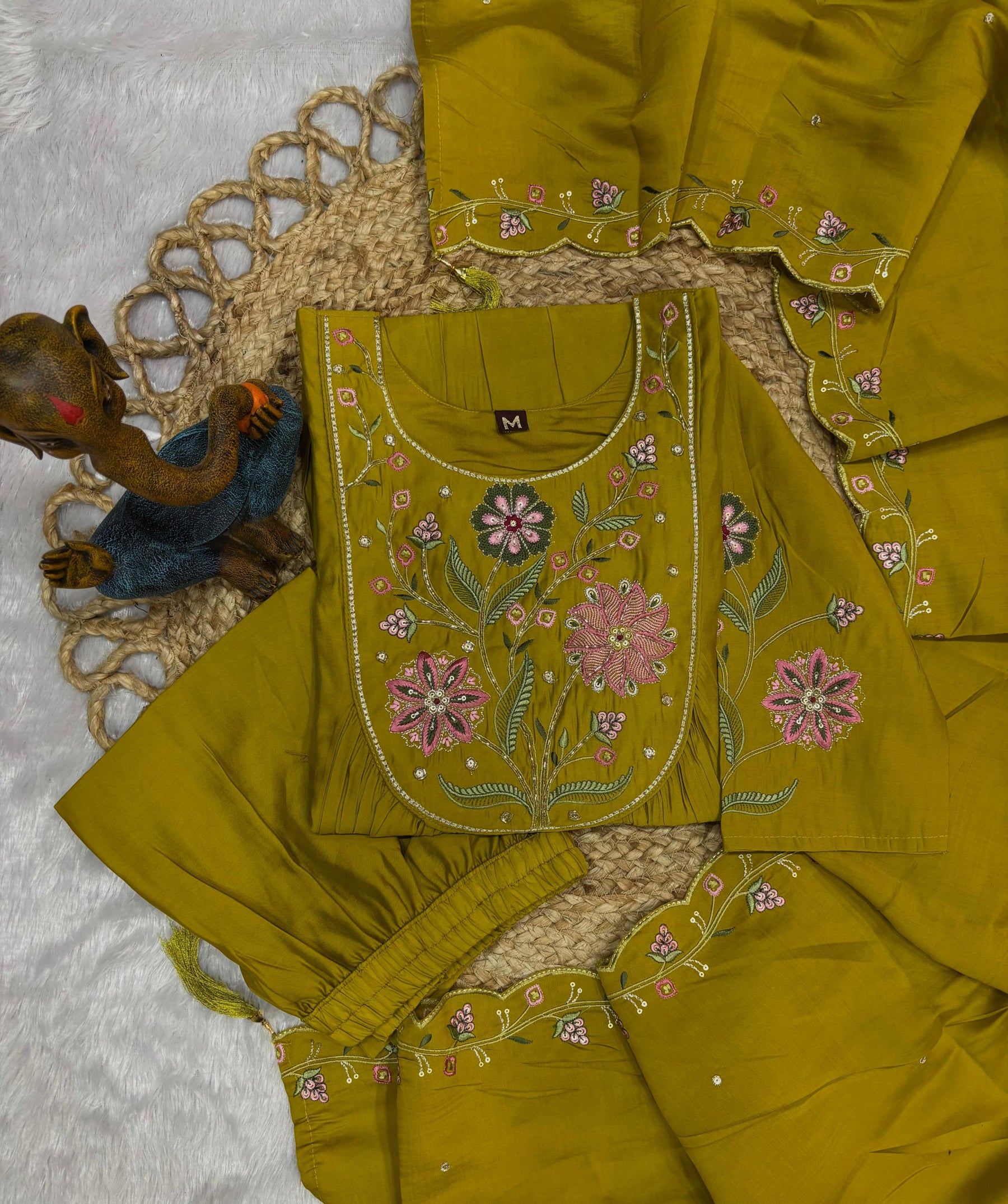 Lorenvalley Fashion Yellow Viscose Roman Silk Multi Embroidery Thread With Hand Work Anarkali Kurti Pant Dupatta - Distacart