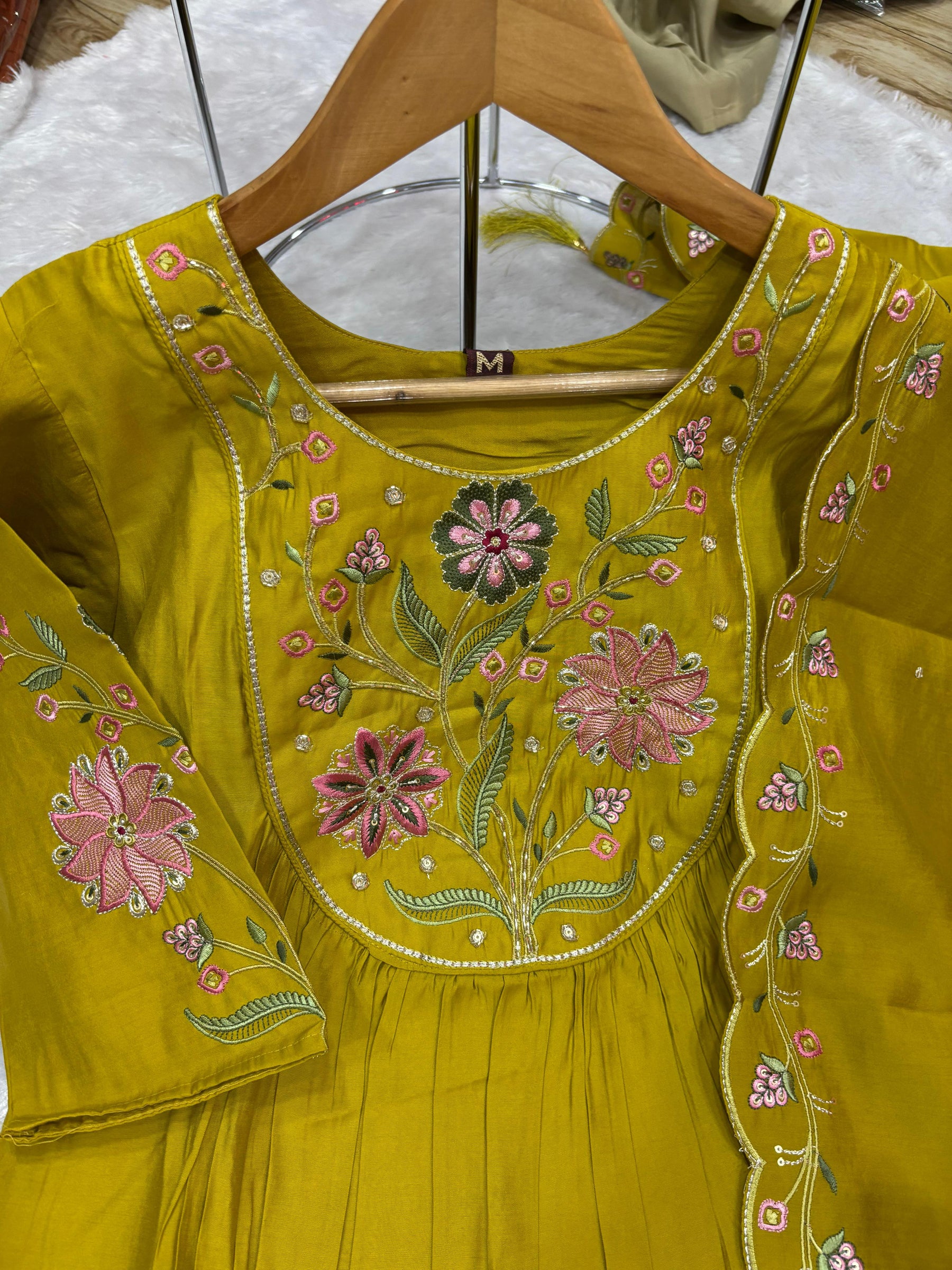 Lorenvalley Fashion Yellow Viscose Roman Silk Multi Embroidery Thread With Hand Work Anarkali Kurti Pant Dupatta - Distacart