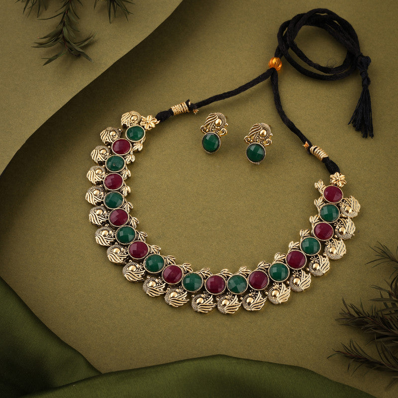 Tehzeeb Creations Green And Maroon Colour Gold-Polished Stone Jewellery Choker Necklace Set With Matching Pair of Stud Earrings - Distacart