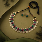 Thumbnail for Tehzeeb Creations Green And Maroon Colour Gold-Polished Stone Jewellery Choker Necklace Set With Matching Pair of Stud Earrings - Distacart
