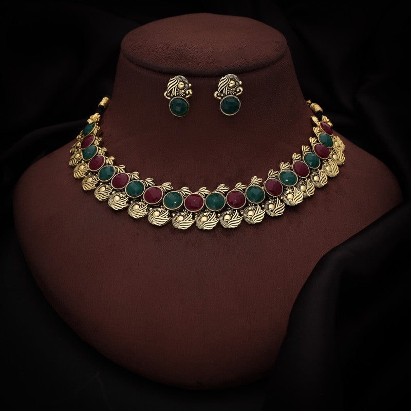 Tehzeeb Creations Green And Maroon Colour Gold-Polished Stone Jewellery Choker Necklace Set With Matching Pair of Stud Earrings - Distacart