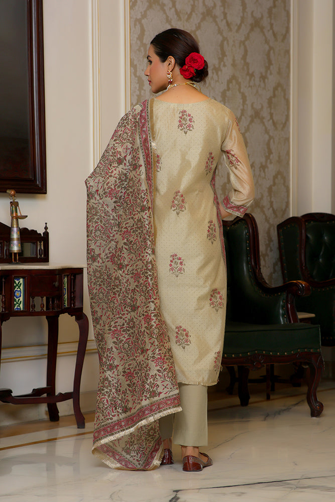 Vaasva Women Green Chanderi Block Printed Embroidered Kurta Set With Solid Pants & Dupatta - Distacart