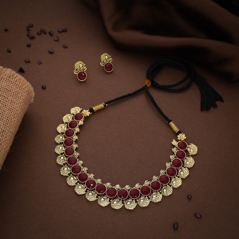 Tehzeeb Creations Maroon Colour Gold-Polished Stone Jewellery Choker Necklace Set With Matching Pair of Stud Earrings - Distacart