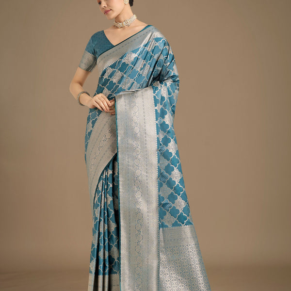 Monjolika Fashion Cyan blue Banarasi Satin Silk Saree with Rich Zari Woven Pallu & Blouse Piece