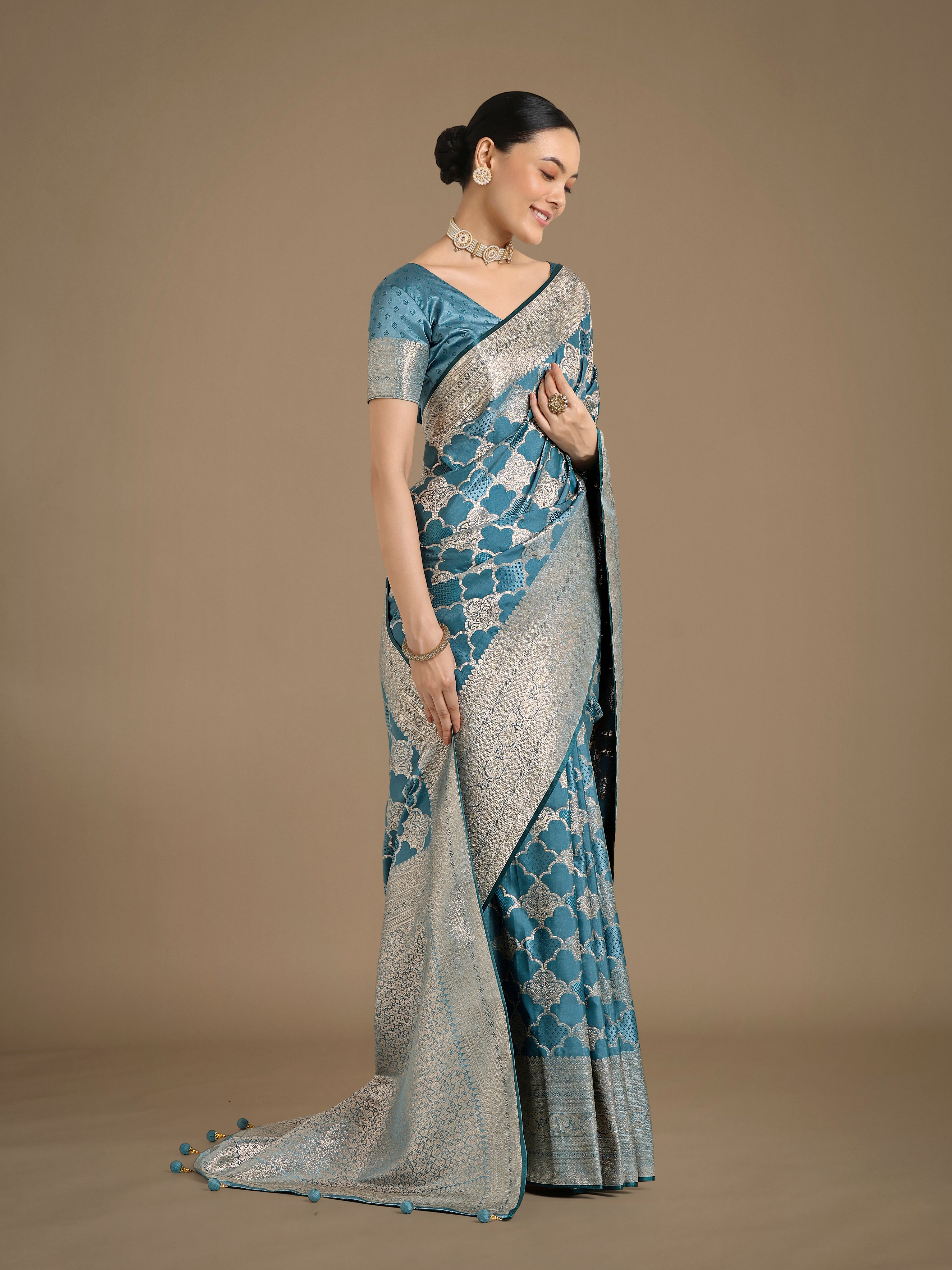 Monjolika Fashion Cyan blue Banarasi Satin Silk Saree with Rich Zari Woven Pallu & Blouse Piece