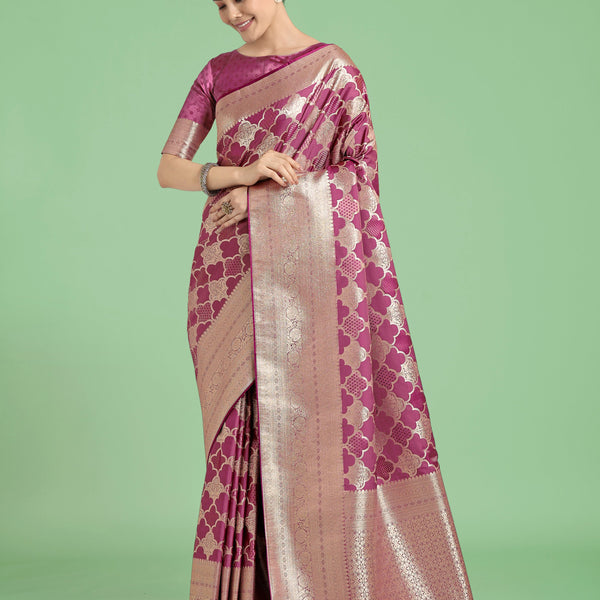 Monjolika Fashion Rose Pink Banarasi Satin Silk Saree with Rich Zari Woven Pallu & Blouse Piece - Distacart