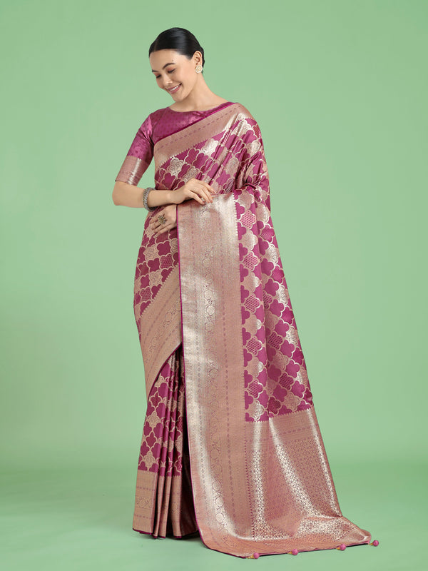 Monjolika Fashion Rose Pink Banarasi Satin Silk Saree with Rich Zari Woven Pallu & Blouse Piece