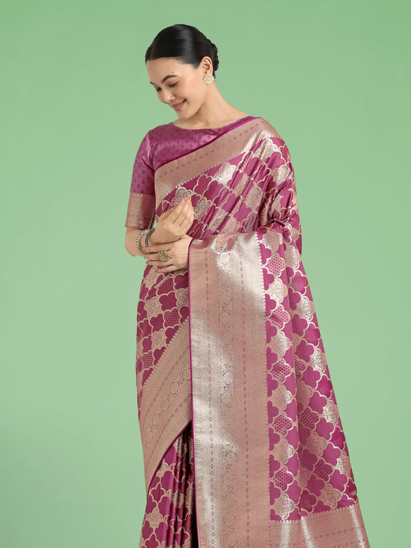 Monjolika Fashion Rose Pink Banarasi Satin Silk Saree with Rich Zari Woven Pallu & Blouse Piece