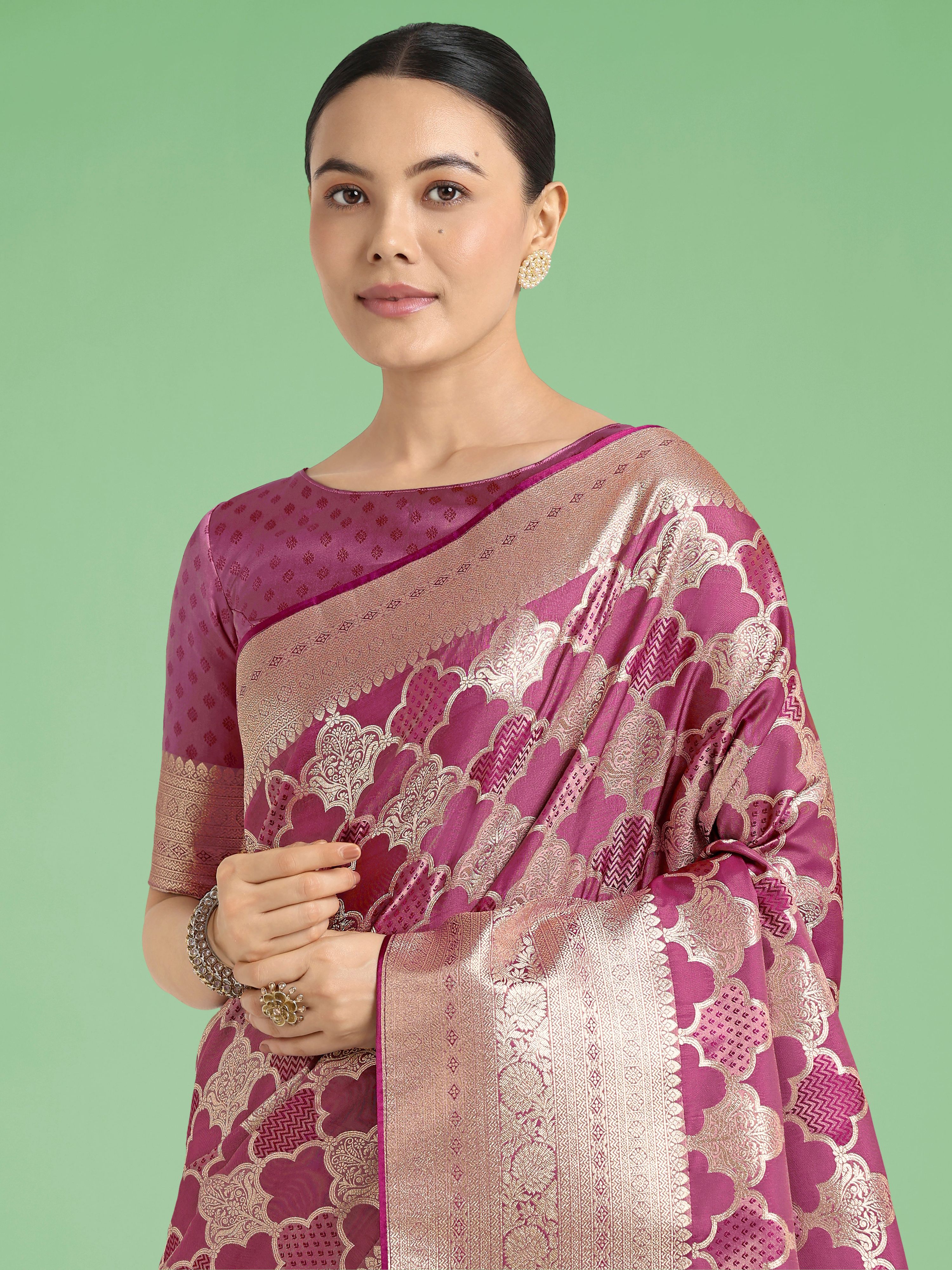 Monjolika Fashion Rose Pink Banarasi Satin Silk Saree with Rich Zari Woven Pallu & Blouse Piece
