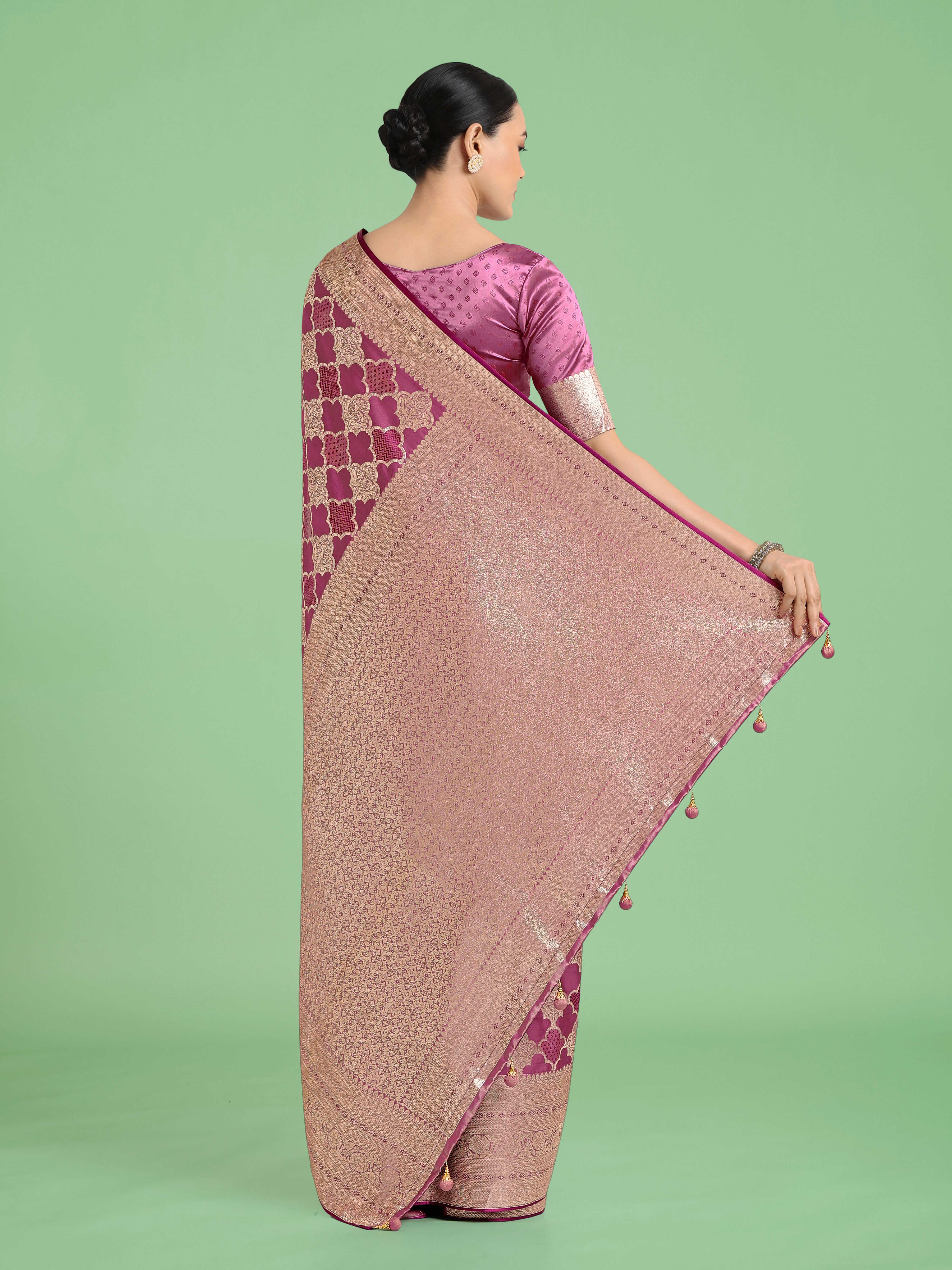 Monjolika Fashion Rose Pink Banarasi Satin Silk Saree with Rich Zari Woven Pallu & Blouse Piece