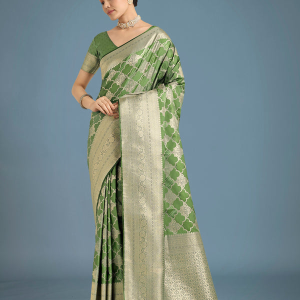 Monjolika Fashion Green Banarasi Satin Silk Saree with Rich Zari Woven Pallu & Blouse Piece - Distacart