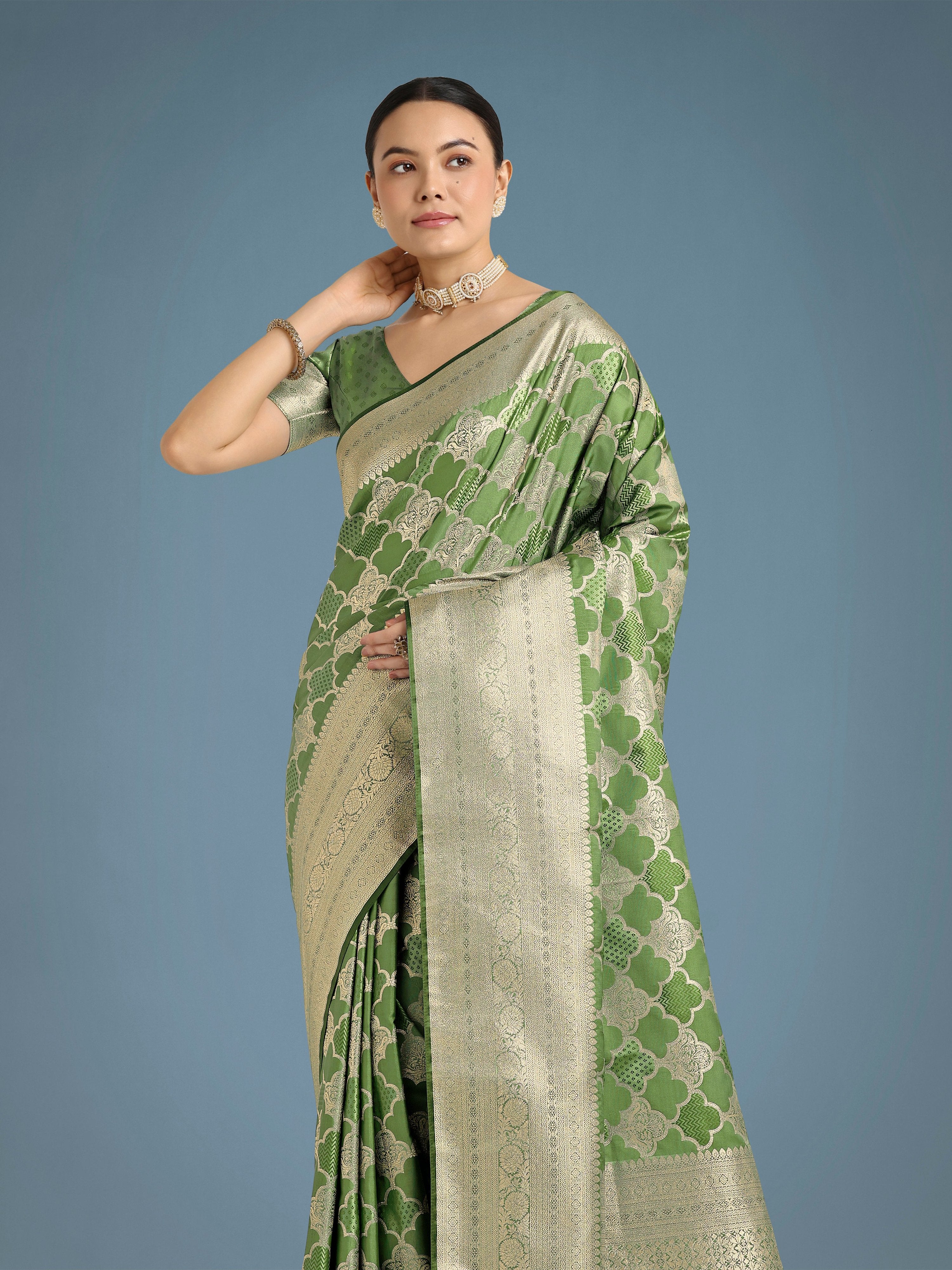 Monjolika Fashion Green Banarasi Satin Silk Saree with Rich Zari Woven Pallu & Blouse Piece