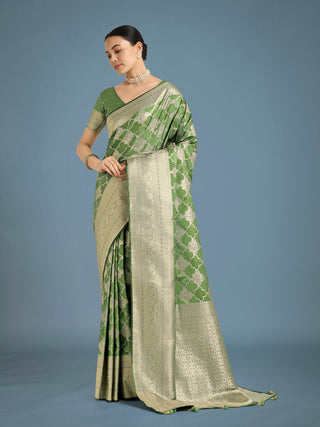 Monjolika Fashion Green Banarasi Satin Silk Saree with Rich Zari Woven Pallu & Blouse Piece