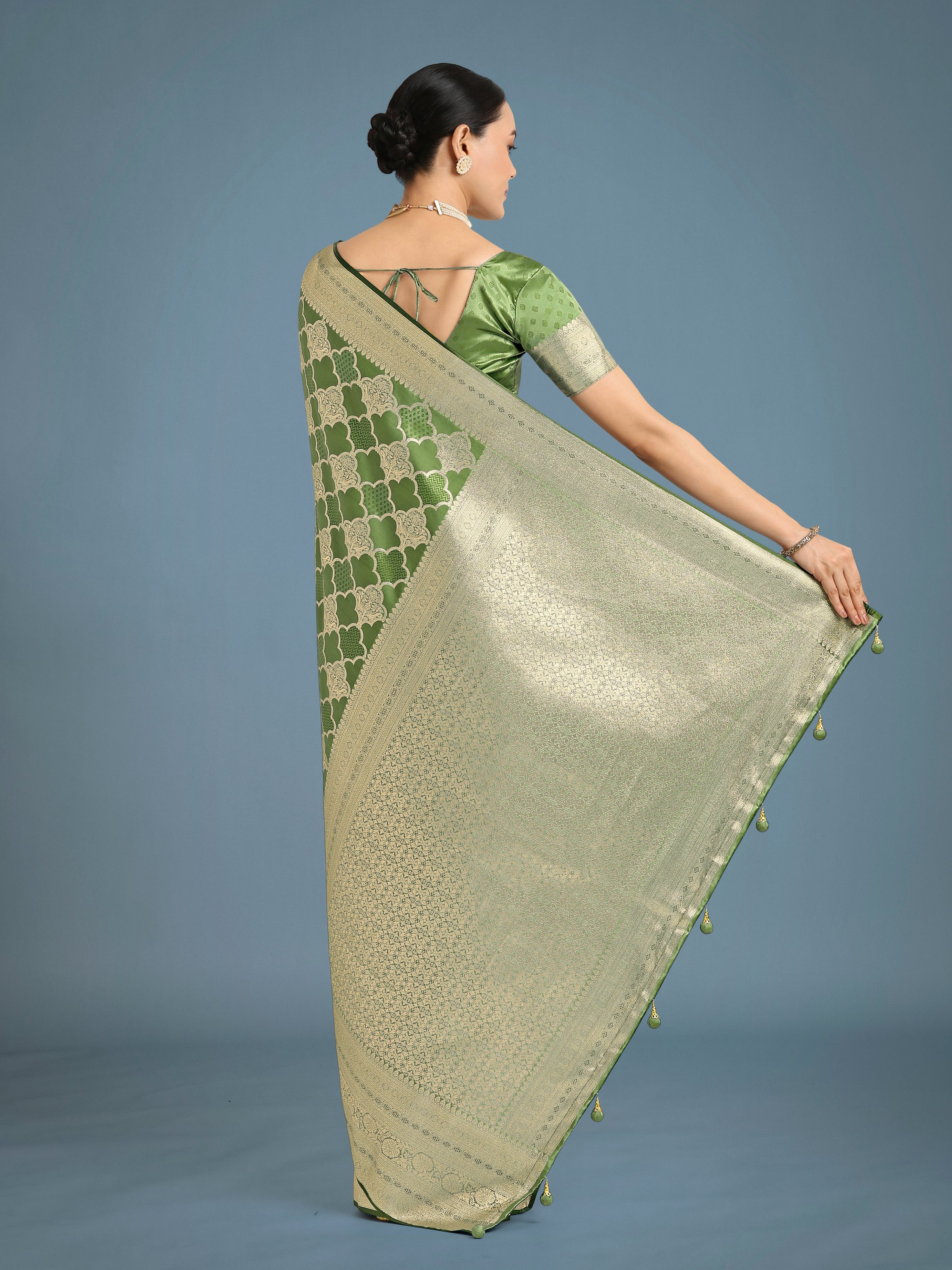 Monjolika Fashion Green Banarasi Satin Silk Saree with Rich Zari Woven Pallu & Blouse Piece