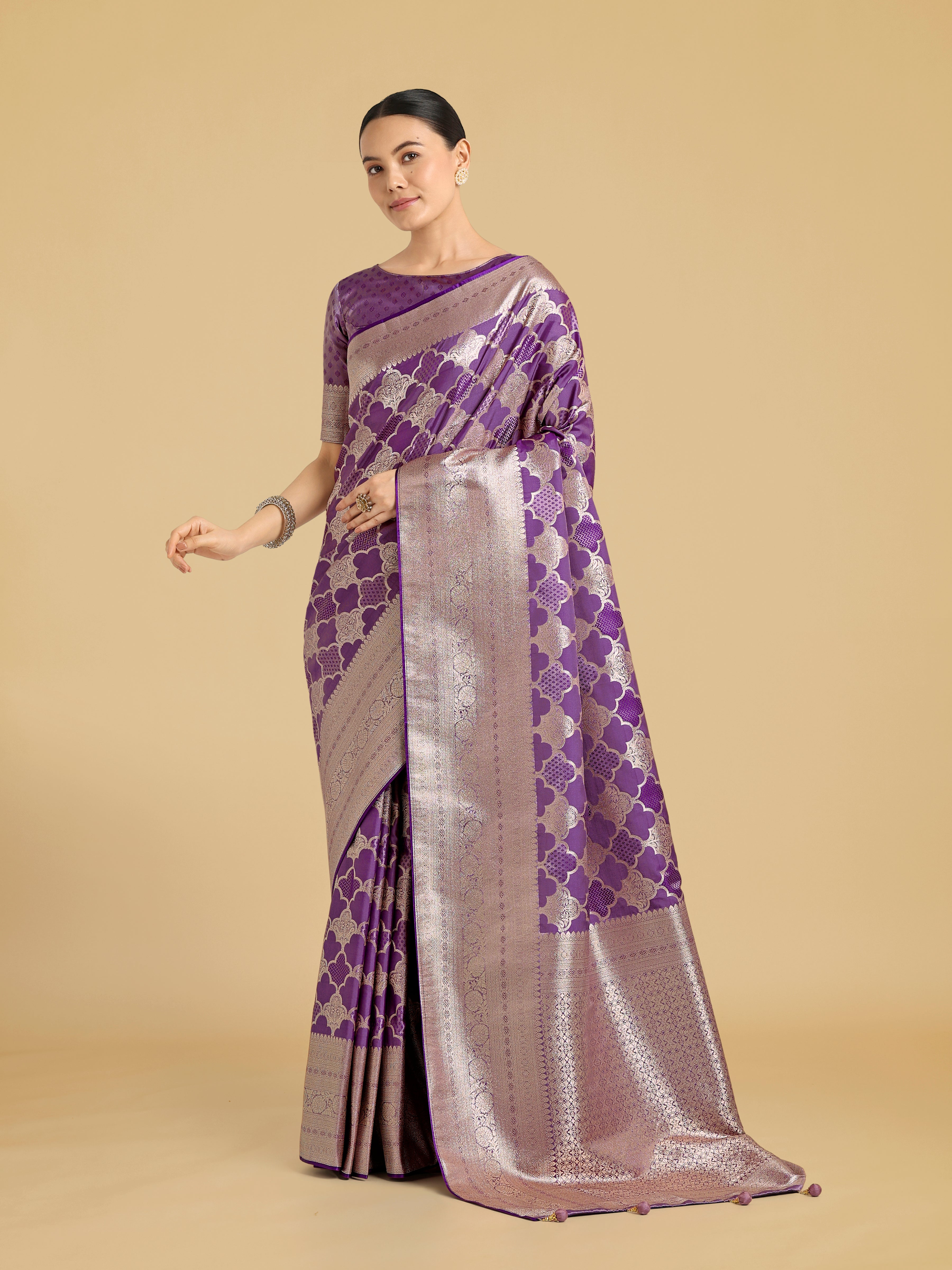 Monjolika Fashion Purple Banarasi Satin Silk Saree with Rich Zari Woven Pallu & Blouse Piece