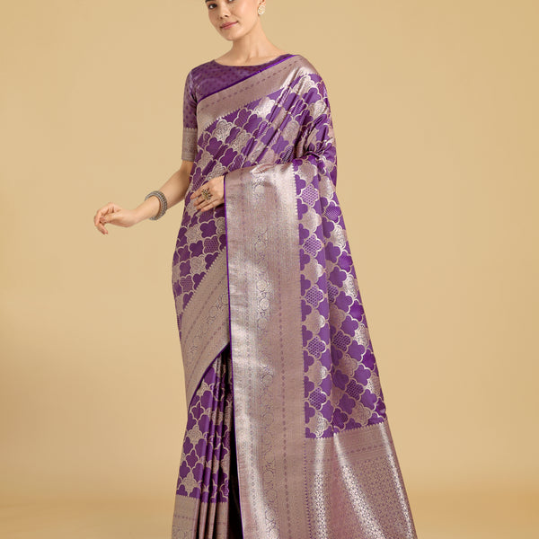 Monjolika Fashion Purple Banarasi Satin Silk Saree with Rich Zari Woven Pallu & Blouse Piece - Distacart