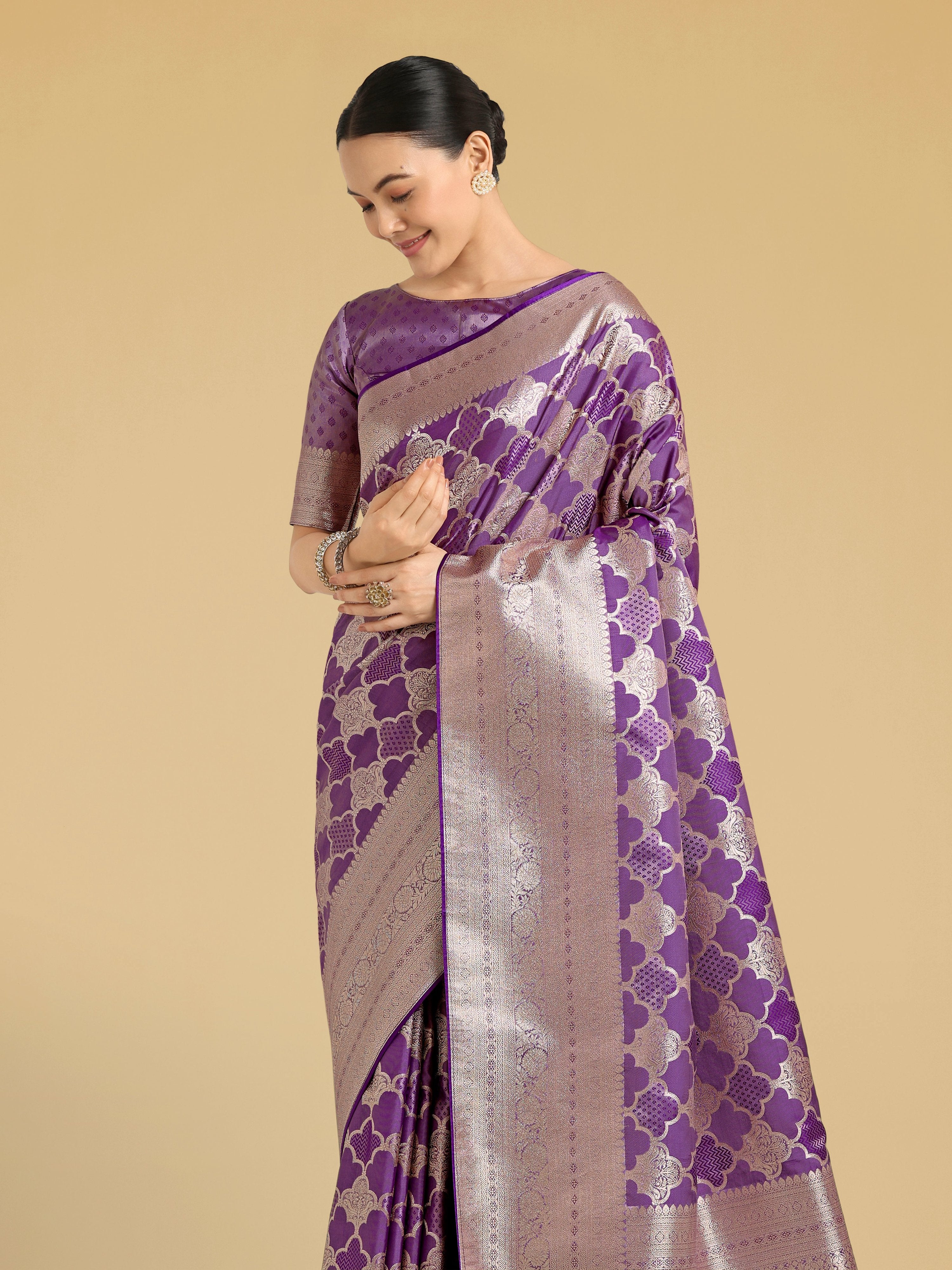 Monjolika Fashion Purple Banarasi Satin Silk Saree with Rich Zari Woven Pallu & Blouse Piece