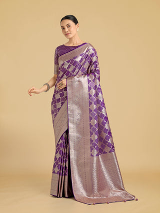 Monjolika Fashion Purple Banarasi Satin Silk Saree with Rich Zari Woven Pallu & Blouse Piece