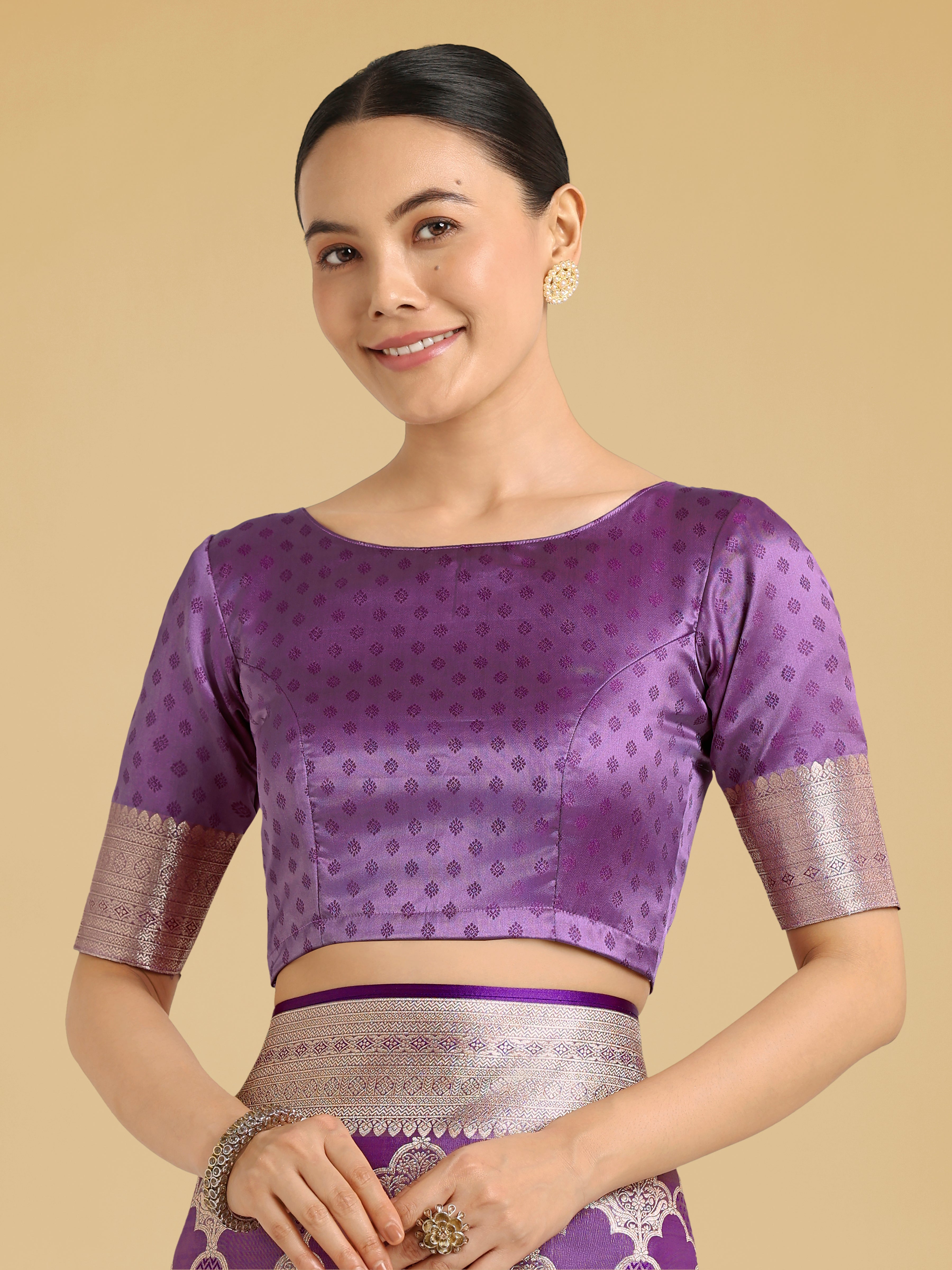 Monjolika Fashion Purple Banarasi Satin Silk Saree with Rich Zari Woven Pallu & Blouse Piece