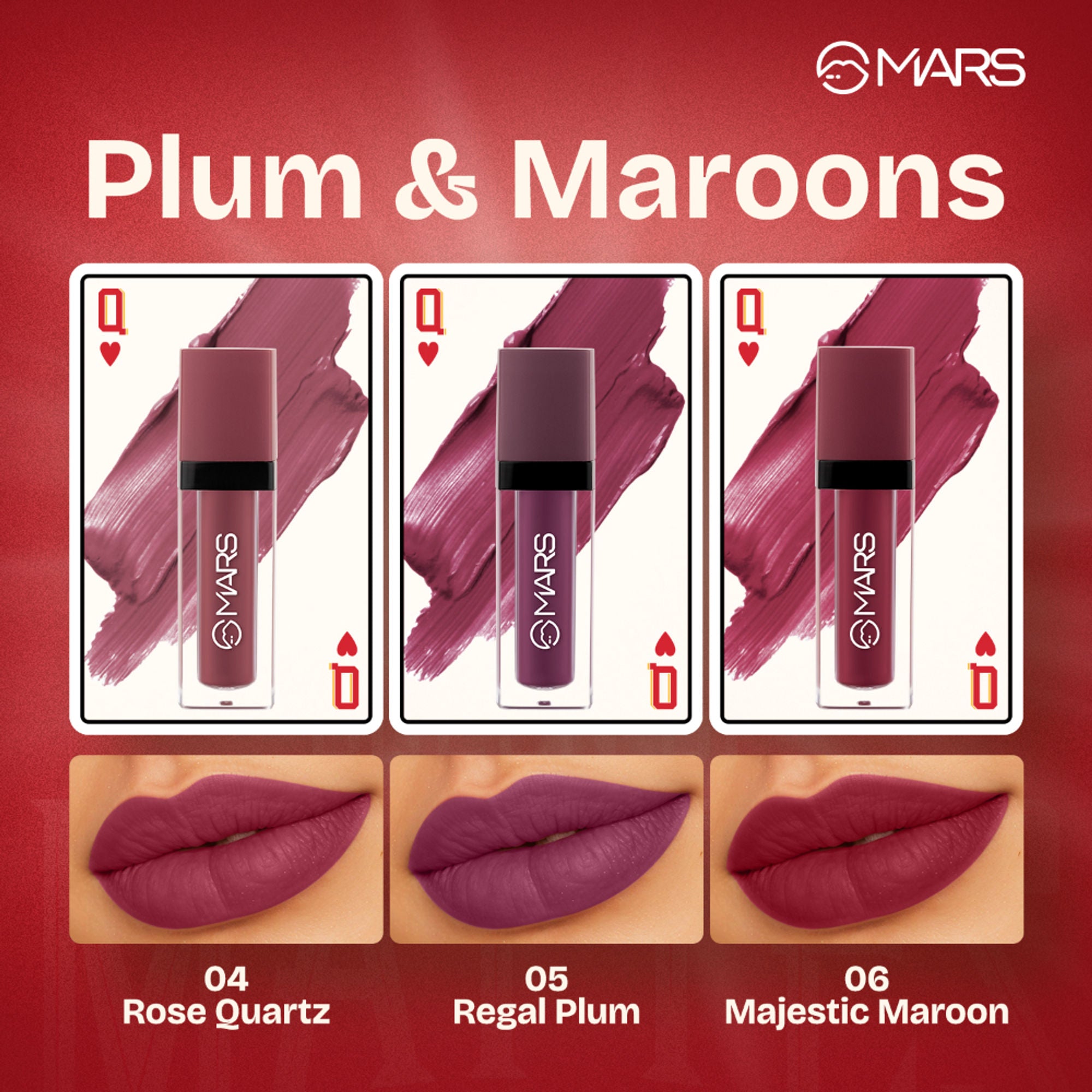 MARS Cosmetics Queen Of Mattes Reds & Maroons Liquid Lipsticks - Plums Maroons - Distacart