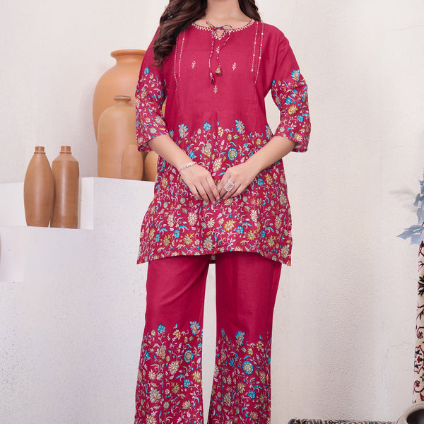 Lorenvalley Fashion Pink Pure Cotton Elegant & Trendy Printed Design Co-Ord Set - Distacart