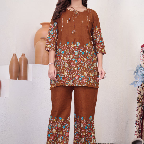 Lorenvalley Fashion Rust Pure Cotton Elegant & Trendy Printed Design Co-Ord Set - Distacart