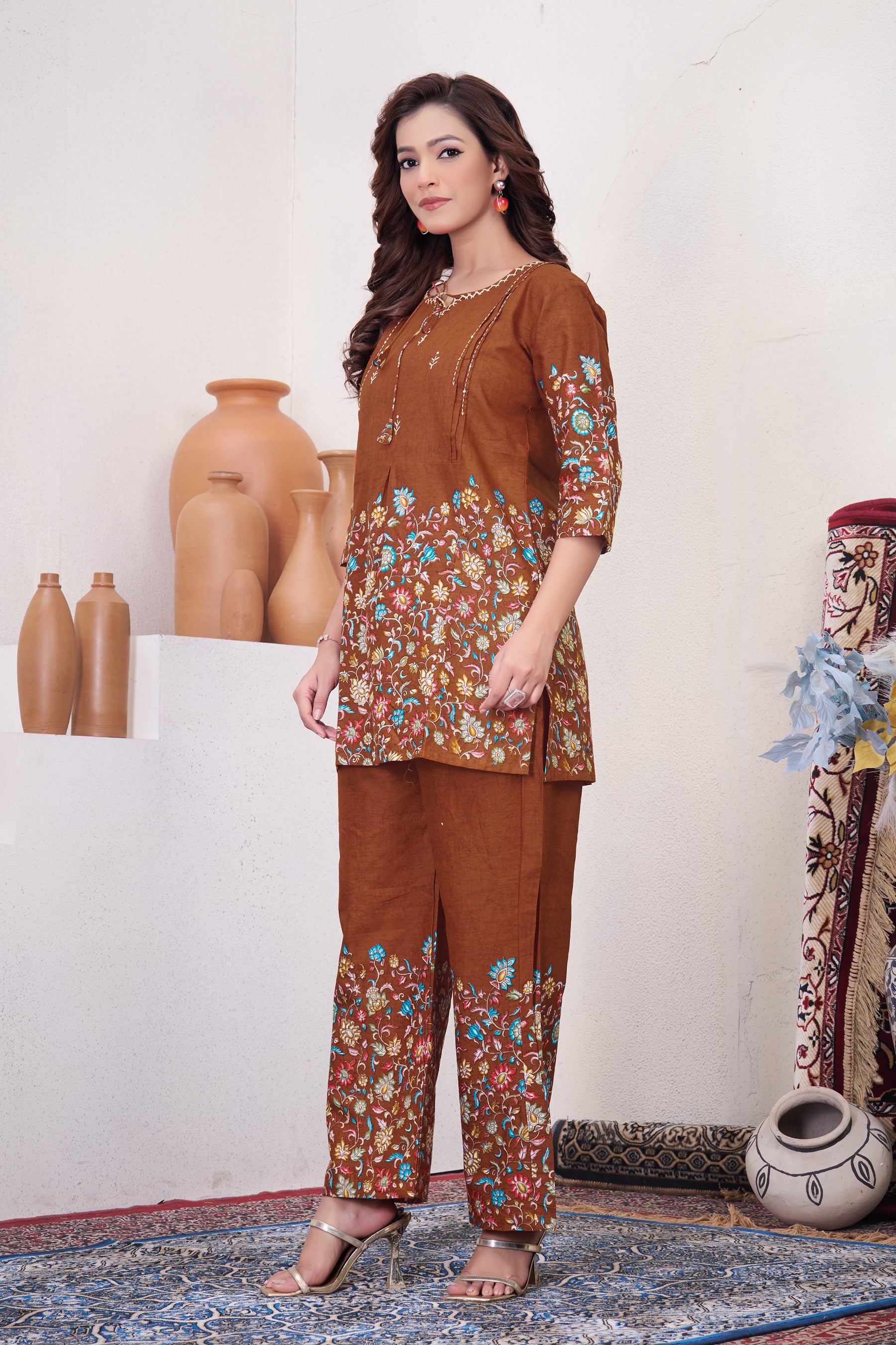 Lorenvalley Fashion Rust Pure Cotton Elegant & Trendy Printed Design Co-Ord Set - Distacart