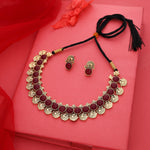 Thumbnail for Tehzeeb Creations Maroon Colour Gold-Polished Stone Jewellery Choker Necklace Set With Matching Pair of Stud Earrings - Distacart