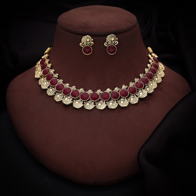 Tehzeeb Creations Maroon Colour Gold-Polished Stone Jewellery Choker Necklace Set With Matching Pair of Stud Earrings - Distacart
