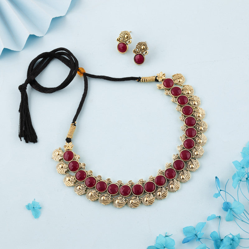Tehzeeb Creations Maroon Colour Gold-Polished Stone Jewellery Choker Necklace Set With Matching Pair of Stud Earrings - Distacart