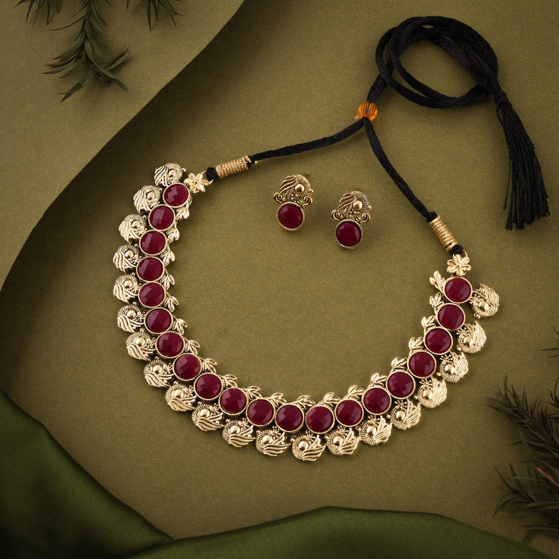 Tehzeeb Creations Maroon Colour Gold-Polished Stone Jewellery Choker Necklace Set With Matching Pair of Stud Earrings - Distacart