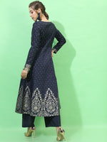 Thumbnail for Vishudh Women Navy Blue Floral Embroidered Empire Kurta with Palazzos