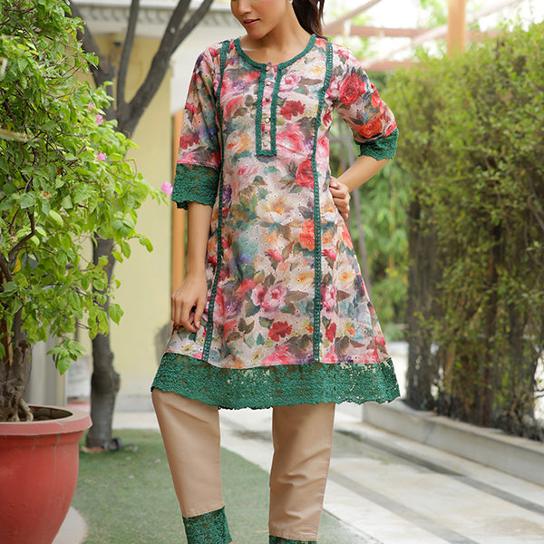 Vaasva Women Beige Embroidered Printed Kurta Set With Laced Solid Pants - Distacart