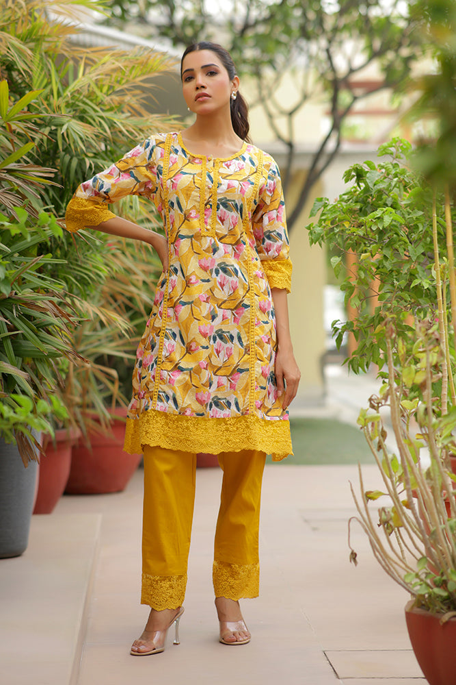 Vaasva Women Yellow Embroidered Printed Kurta Set With Laced Solid Pants - Distacart
