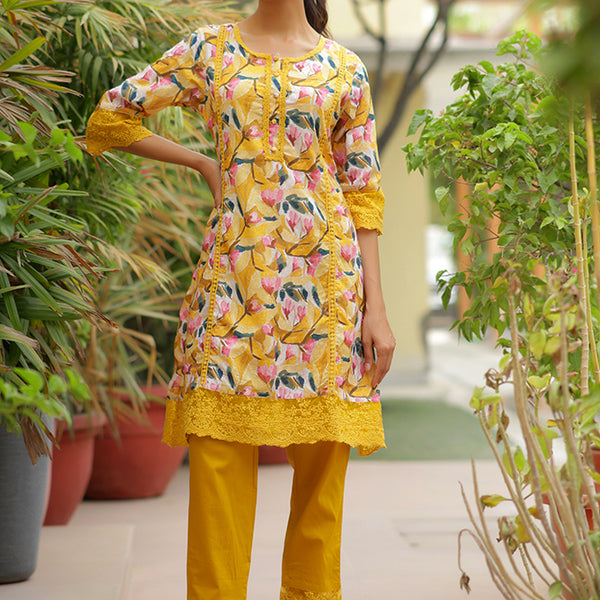 Vaasva Women Yellow Embroidered Printed Kurta Set With Laced Solid Pants - Distacart