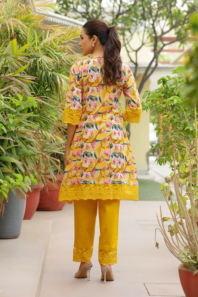 Vaasva Women Yellow Embroidered Printed Kurta Set With Laced Solid Pants - Distacart