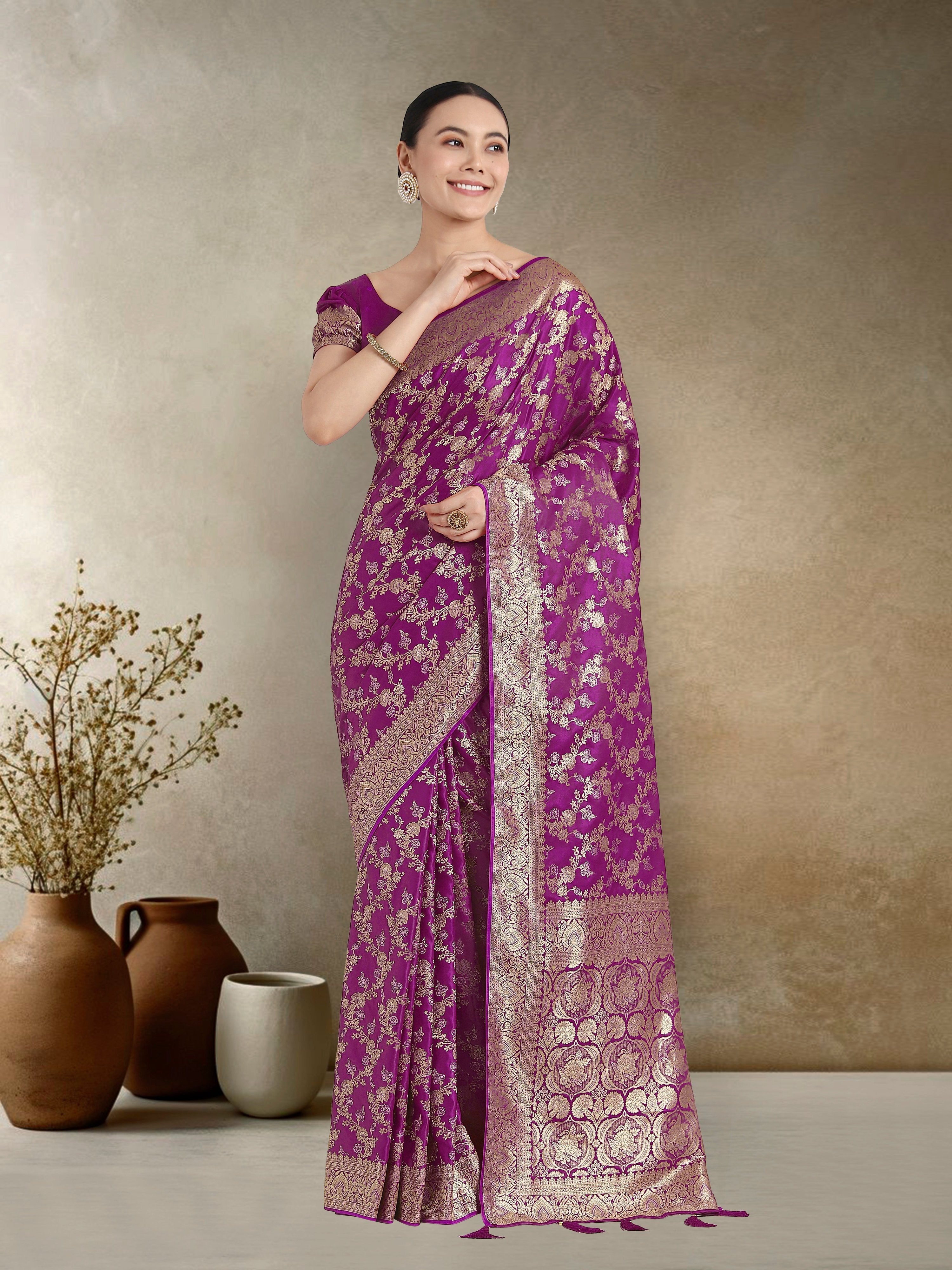 Monjolika Fashion Effervescent Purple Soft Banarasi Satin Silk Saree With Elision Blouse Piece