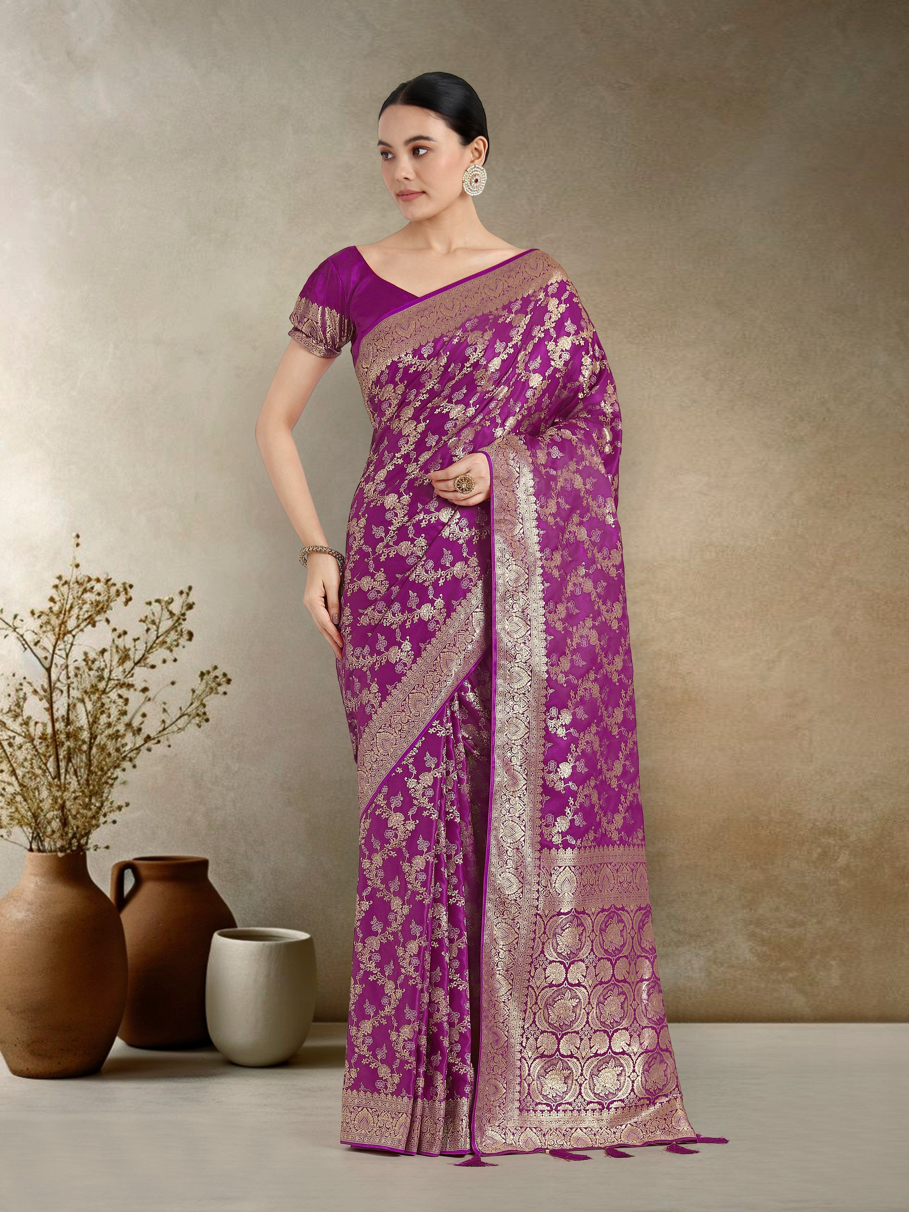 Monjolika Fashion Effervescent Purple Soft Banarasi Satin Silk Saree With Elision Blouse Piece