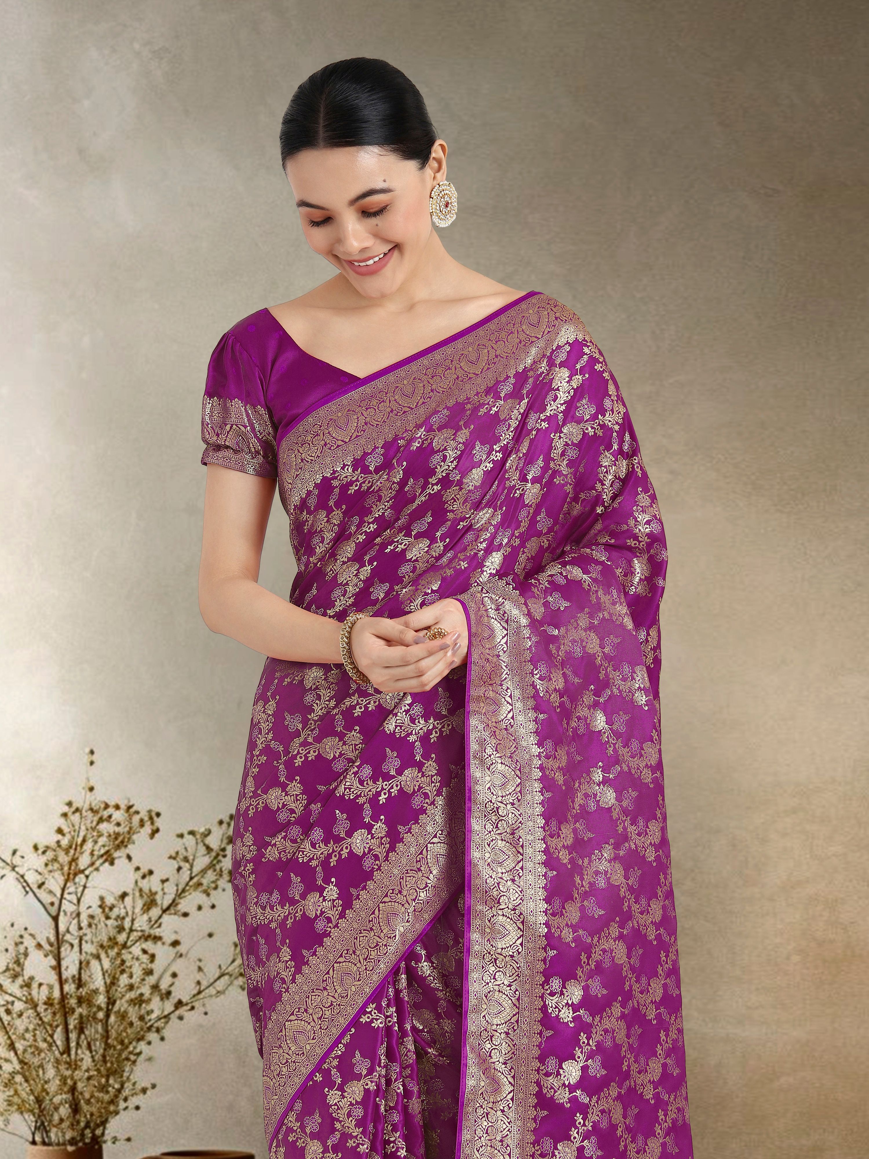 Monjolika Fashion Effervescent Purple Soft Banarasi Satin Silk Saree With Elision Blouse Piece