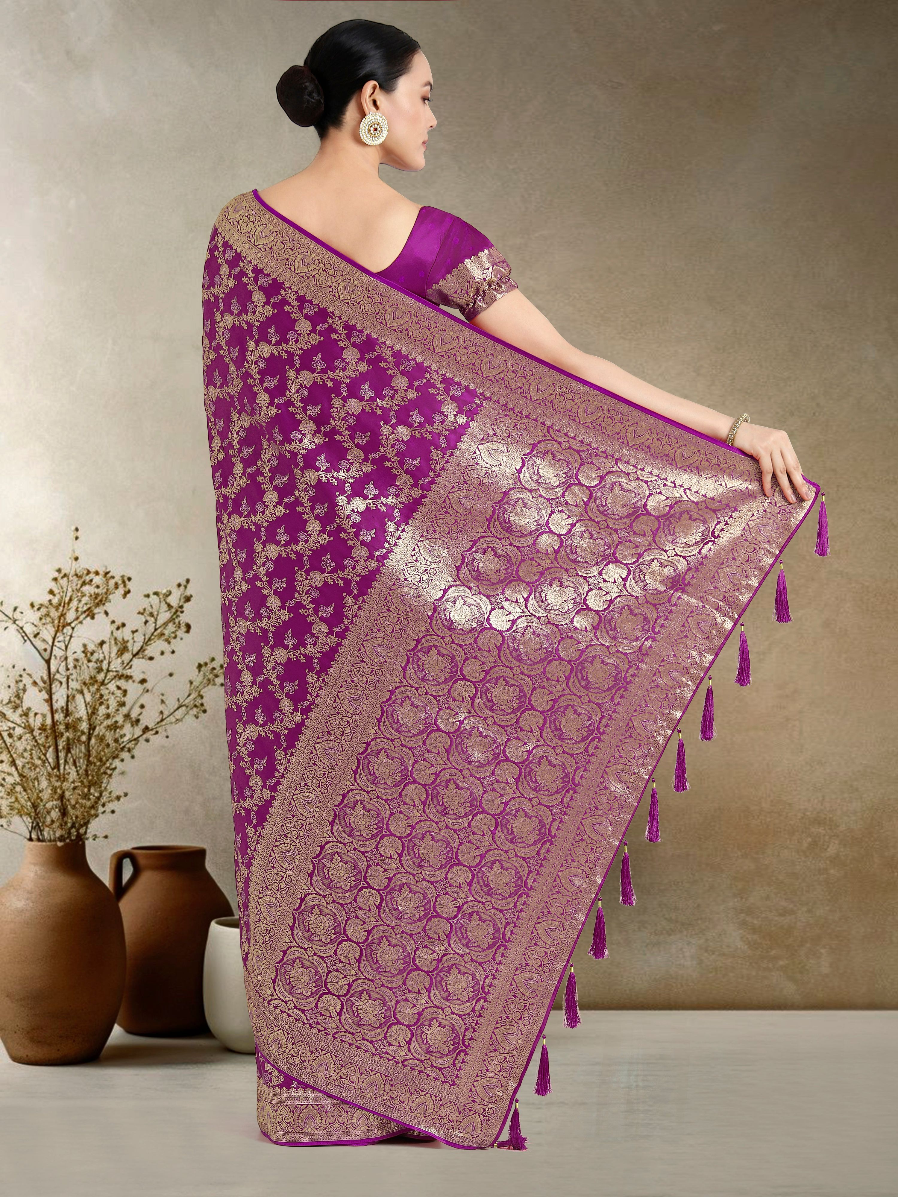 Monjolika Fashion Effervescent Purple Soft Banarasi Satin Silk Saree With Elision Blouse Piece