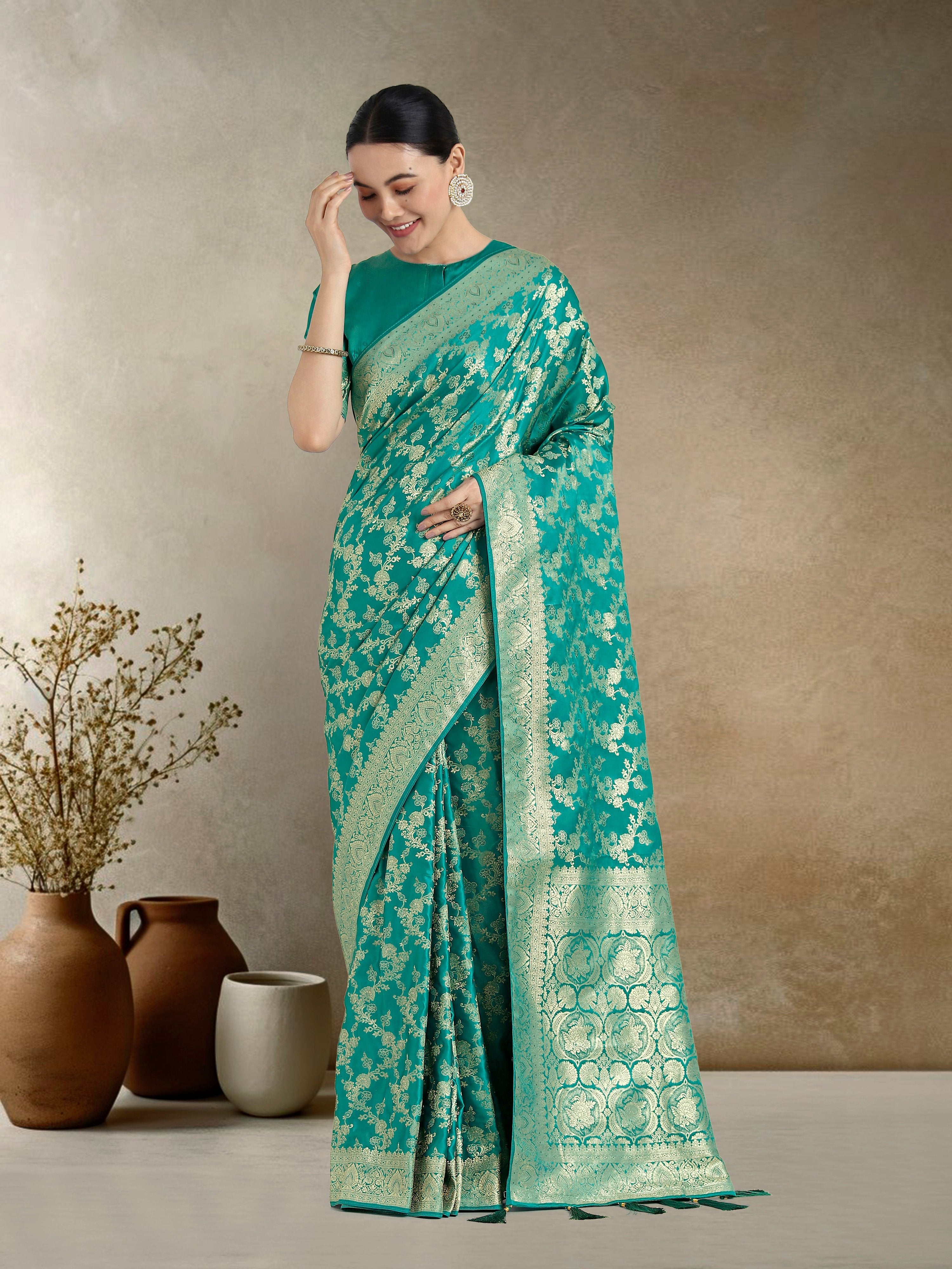 Monjolika Fashion Effervescent Turquoise Soft Banarasi Satin Silk Saree With Elision Blouse Piece