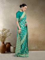 Thumbnail for Monjolika Fashion Effervescent Turquoise Soft Banarasi Satin Silk Saree With Elision Blouse Piece