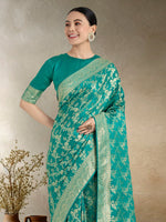 Thumbnail for Monjolika Fashion Effervescent Turquoise Soft Banarasi Satin Silk Saree With Elision Blouse Piece