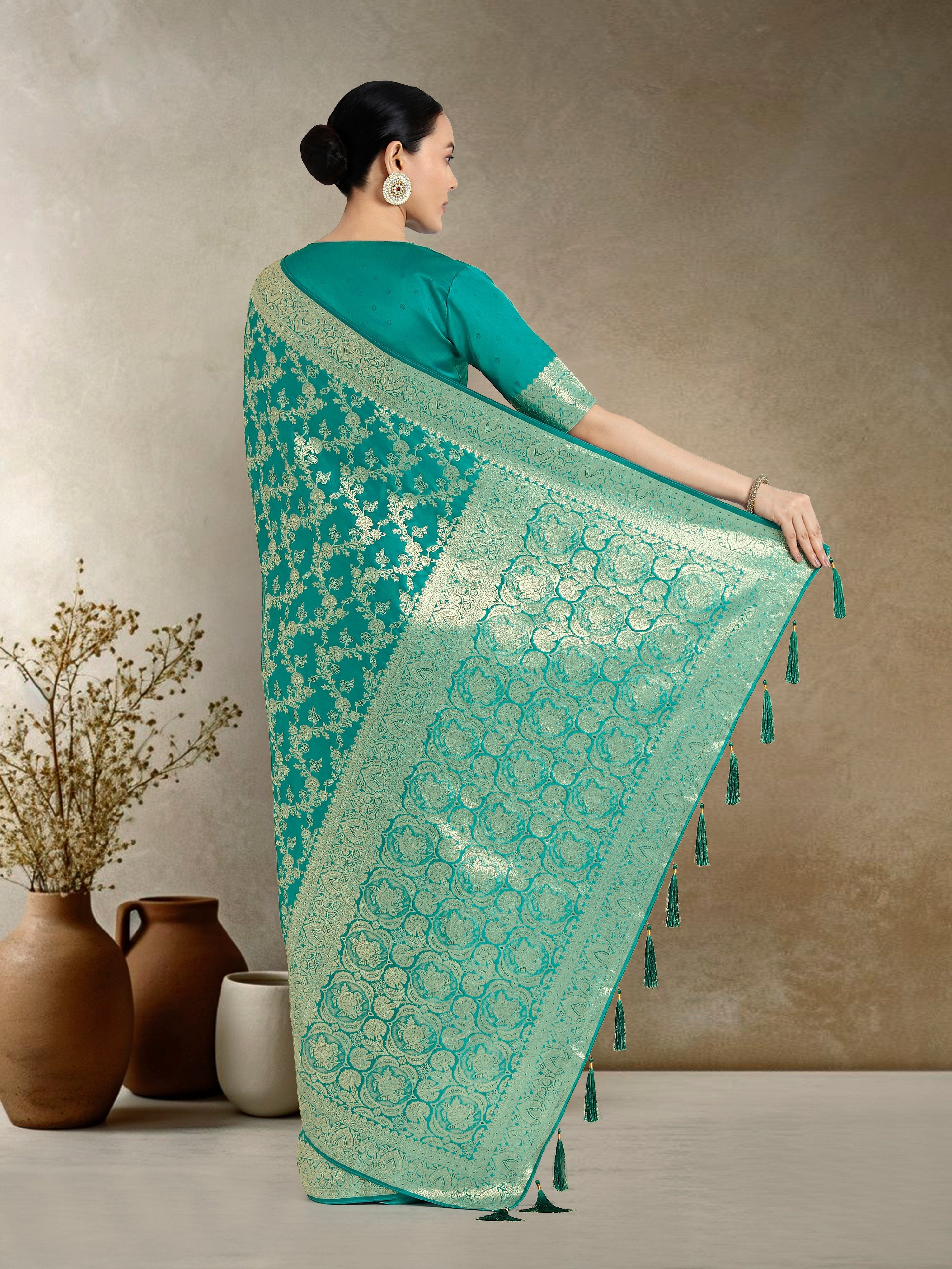Monjolika Fashion Effervescent Turquoise Soft Banarasi Satin Silk Saree With Elision Blouse Piece