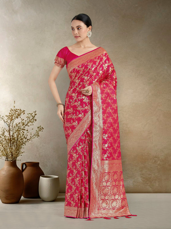 Monjolika Fashion Effervescent Bright Pink Soft Banarasi Satin Silk Saree With Elision Blouse Piece