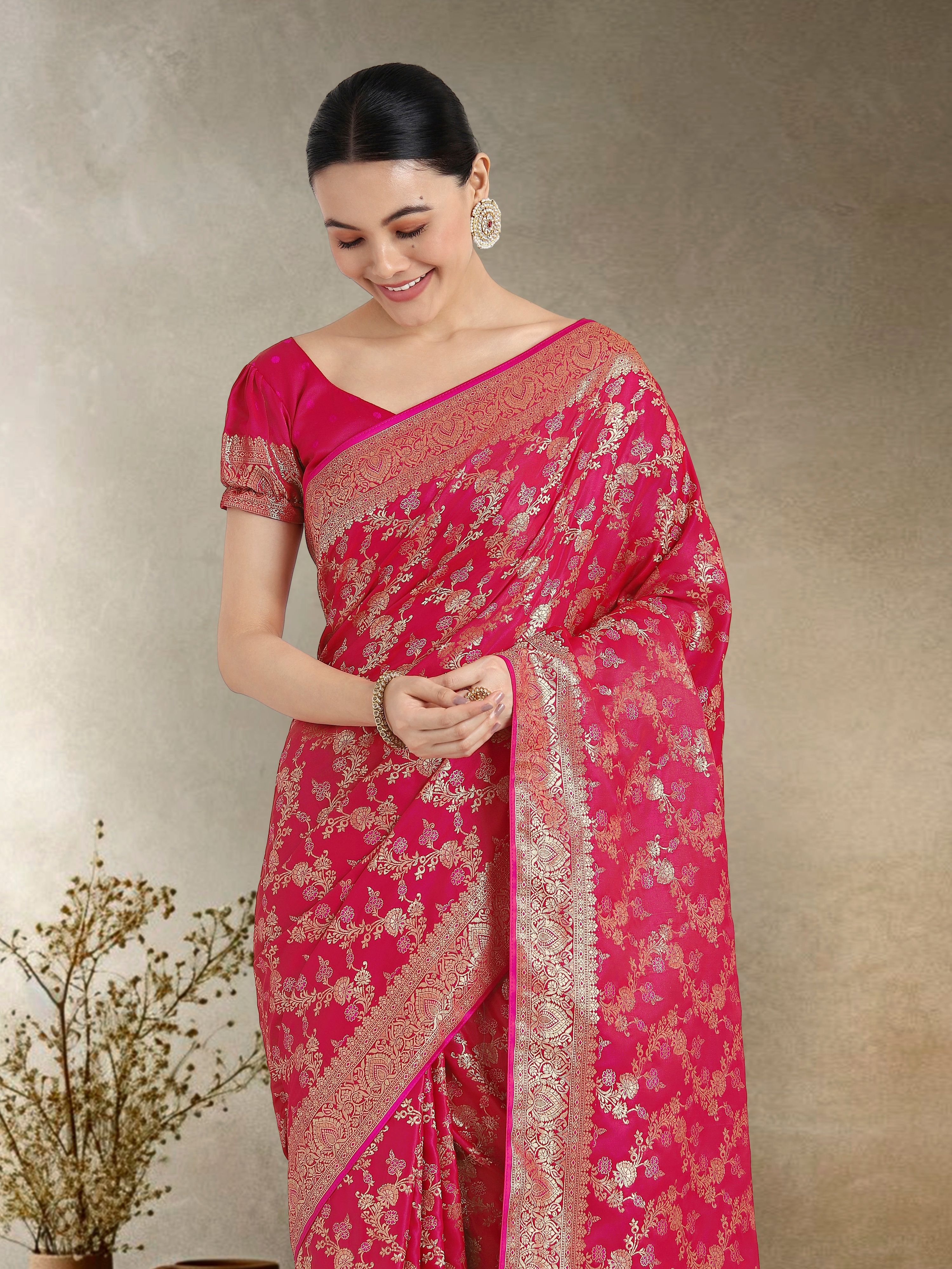 Monjolika Fashion Effervescent Bright Pink Soft Banarasi Satin Silk Saree With Elision Blouse Piece